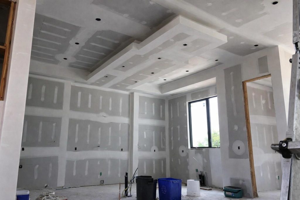 Unfinished room with taped drywall and modern tray ceiling showing recessed light cutouts.