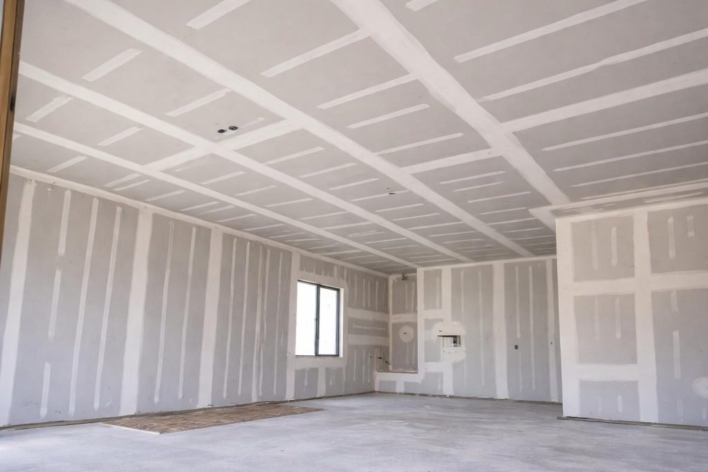 Large unfinished room with taped drywall walls and a ceiling patterned with joint-compound seams.